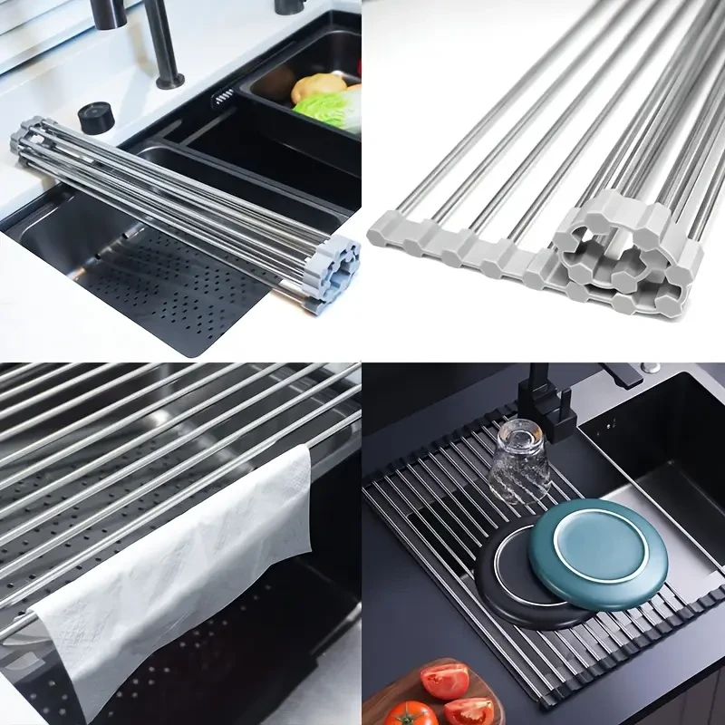 1pc WONGIRL Stainless Steel Roll-Up Dish Drying Rack