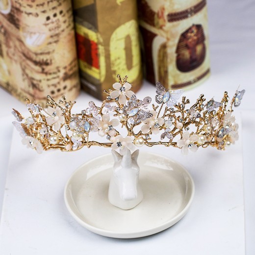 Butterfly Flower Headgear Baroque Crown Headband Golden Wedding Accessories Crystal Crown