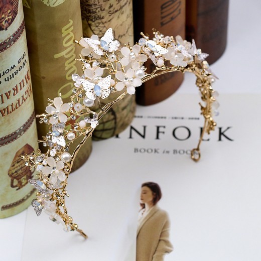 Butterfly Flower Headgear Baroque Crown Headband Golden Wedding Accessories Crystal Crown