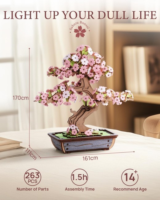 Rolife 3D Puzzle Artificial Flower Sakura Bonsai Wooden Puzzles For Adults DIY Toy Building Sets Construction Kits Build Your Own Aesthetic Home Decor Gifts For Women Men Teens