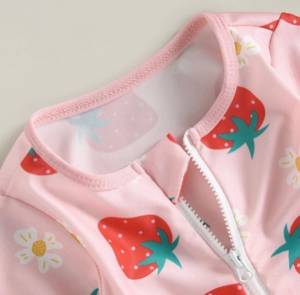Girl's Swimsuit Flower Strawberry Print Long Sleeve Triangle One-piece