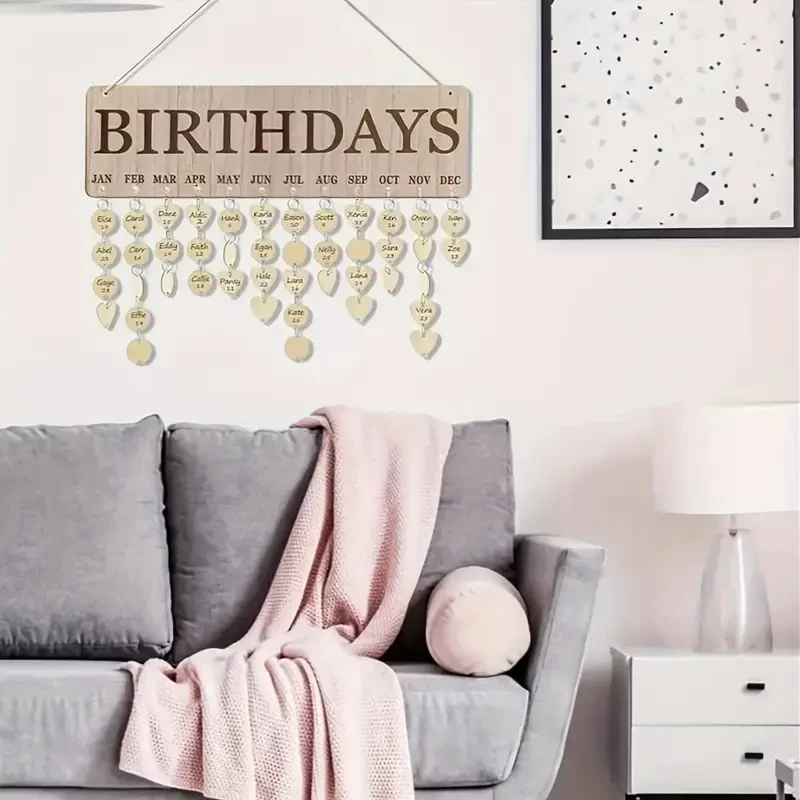 Wooden Birthday Calendar Hanging Sign with 50+ Customizable Hearts