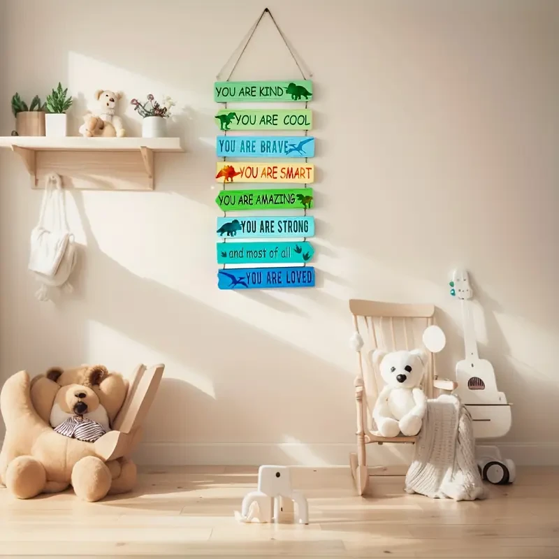 Colorful Dinosaur-Themed Inspirational Wooden Wall Hanging