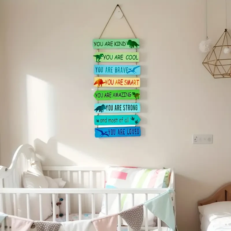 Colorful Dinosaur-Themed Inspirational Wooden Wall Hanging