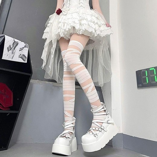 Black And White Bandage Long Tube Silk JK Uniform Cross Strap Over The Knee Stockings Stockings