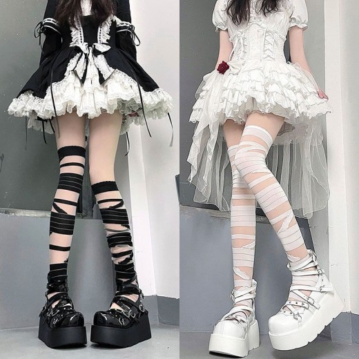 Black And White Bandage Long Tube Silk JK Uniform Cross Strap Over The Knee Stockings Stockings