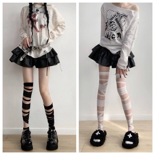 Black And White Bandage Long Tube Silk JK Uniform Cross Strap Over The Knee Stockings Stockings