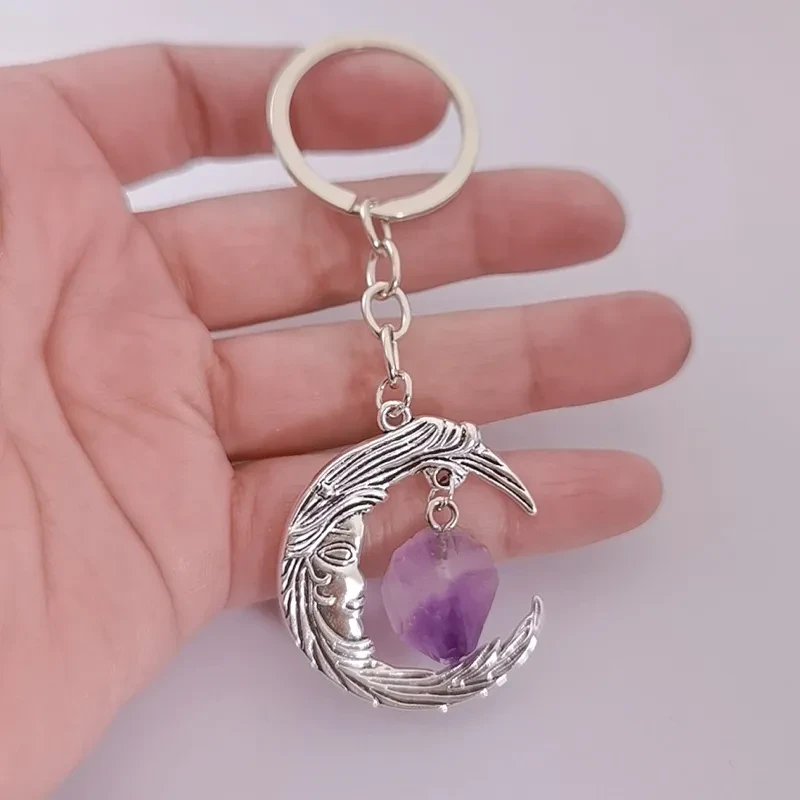 Vintage Moon Natural Crystal Couple Jewelry Moon Pendant Keychain