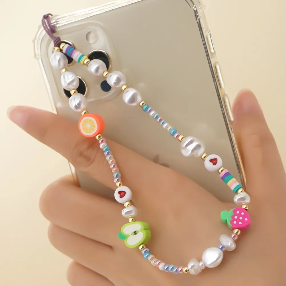 European And American Printing Glass Rice Beads Mobile Phone Lanyard