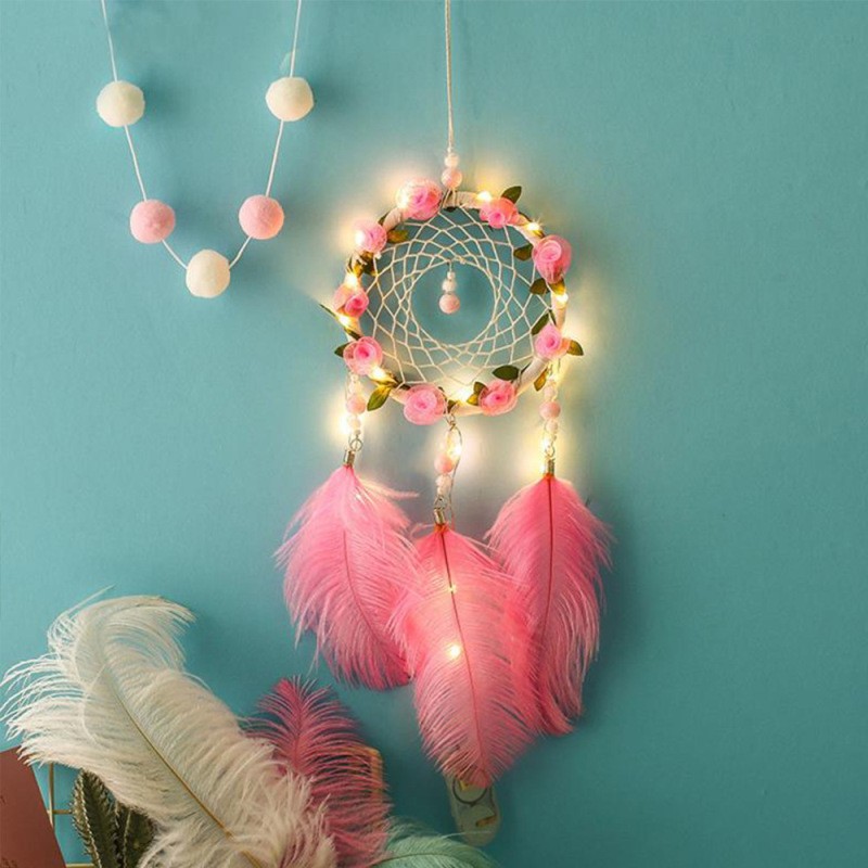 Women's Dreamcatcher Wind Chimes Pink Ostrich Feather Ornaments with Decorative Lights for Room Decoration