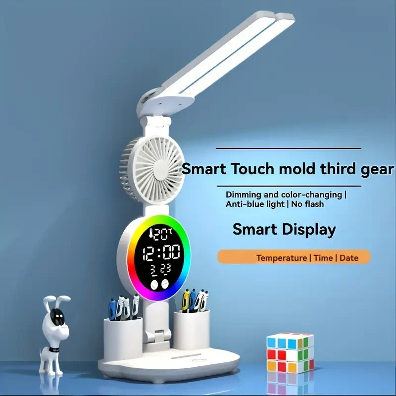 Touch-Controlled Multifunctional LED Desk Lamp with Built-In Fan