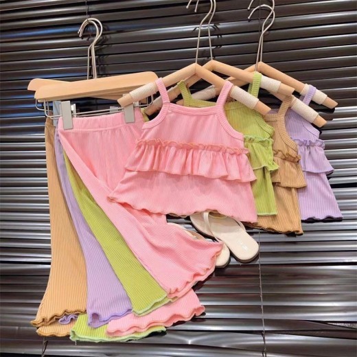 Thin Little Girl Ice Silk Suspender Skirt Bell-bottoms Ankle-length Pants Two-piece Set
