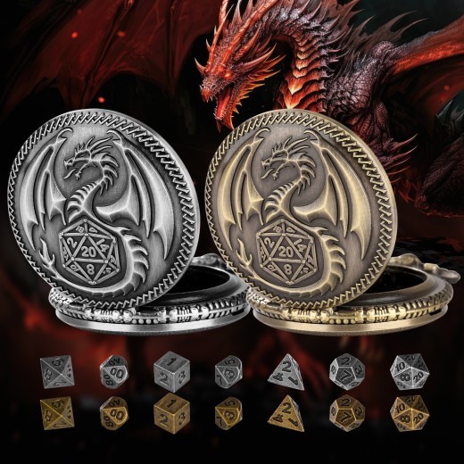 Dragon Pocket Watch Set With Thick Chain And Mini DND Dice Set Equipped With 7 Game Polyhedral Metal Dice Dragon And Dungeon Tabletop Role-playing Game Dice