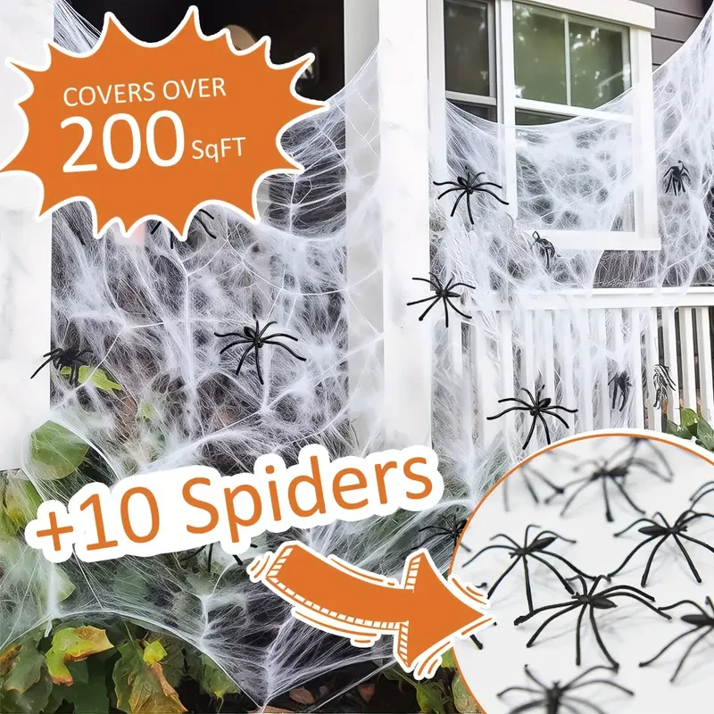 200 Soft Spider Webs Halloween Decorations Bonus With 10 Fake Spiders