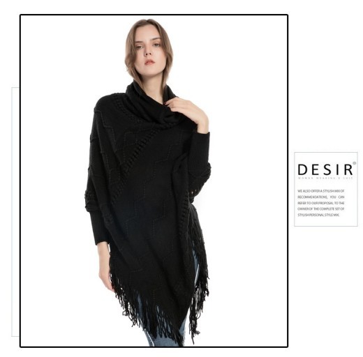 Acrylic Fringed Sweater High Collar Warm Sleeve Pullover Cloak