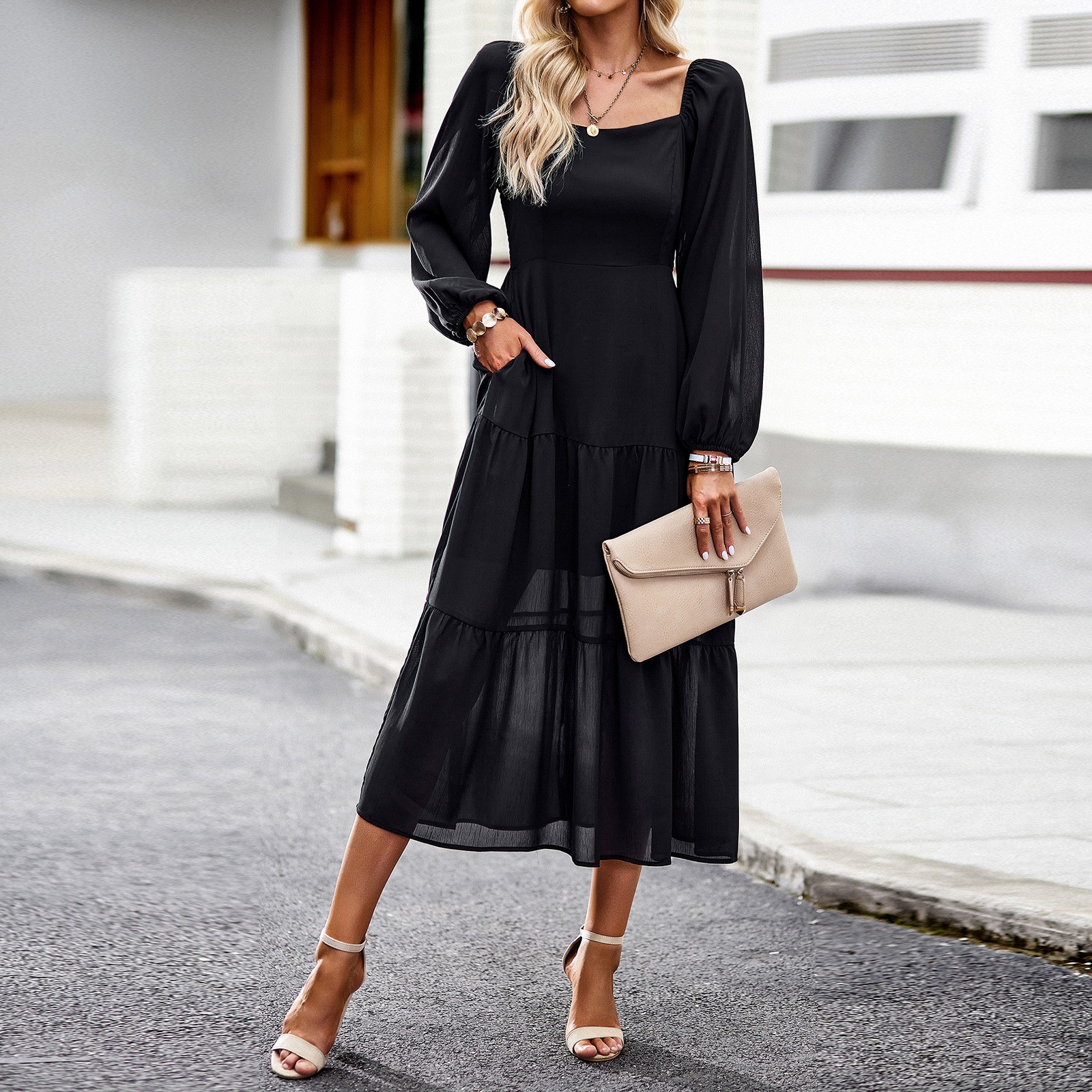 Square Collar Elegance: Timeless Temperament Dress for Women