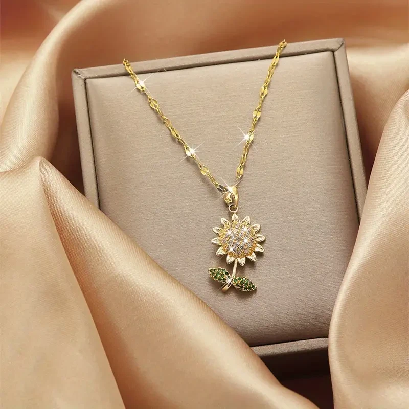 Elegant Sunflower Pendant Necklace for Women  18K Golden Plated, Titanium Steel with Cubic Zirconia Accents  Perfect Gift for Her
