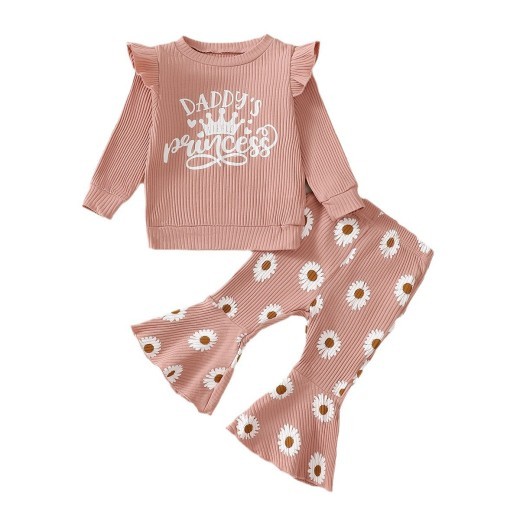 Baby Girl Cute Long Sleeve Sunken Stripe Top Flower Print Trousers Two-piece Set