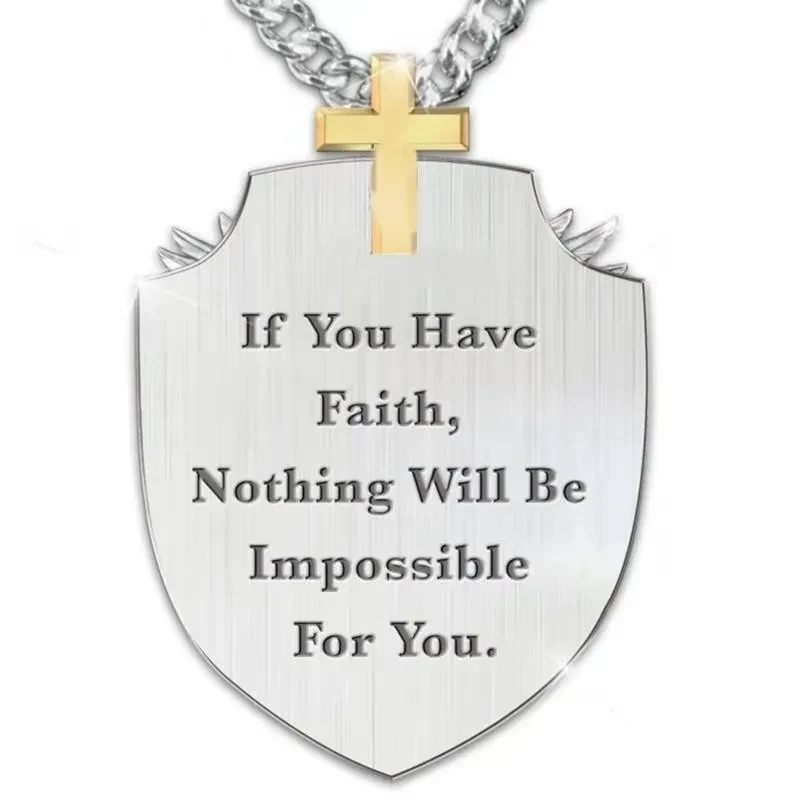 Cross Knight Wings Shield Lettering Pendant