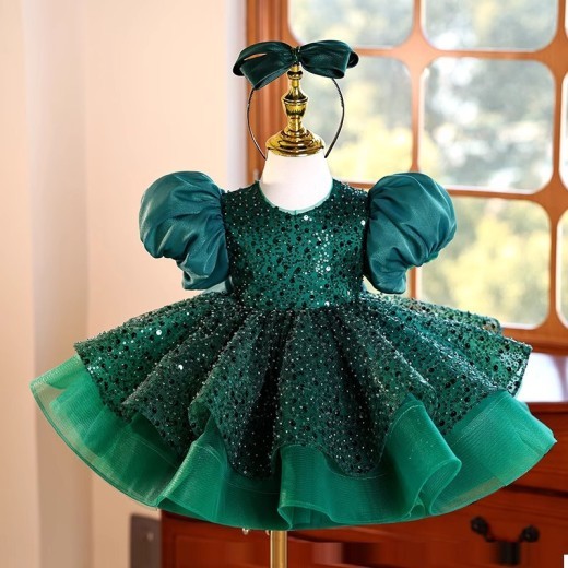 Dark Green Princess Dress Puff Short Sleeve Dress
