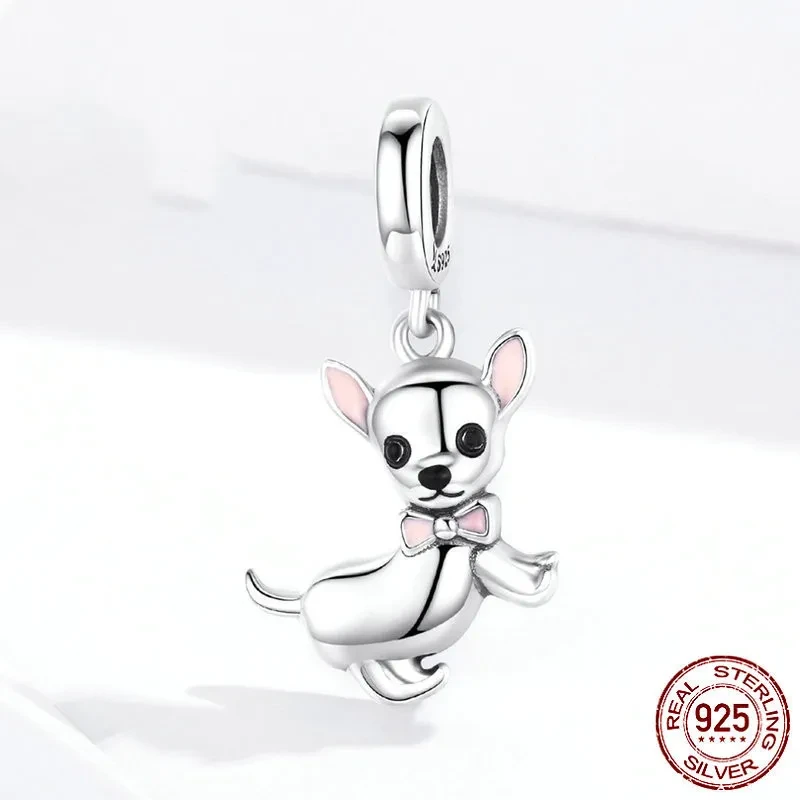Cute Animal Chihuahua S925 Sterling Silver Pendant Fashion DIY Beaded Bracelet Necklace Silver Accessories SCC1317