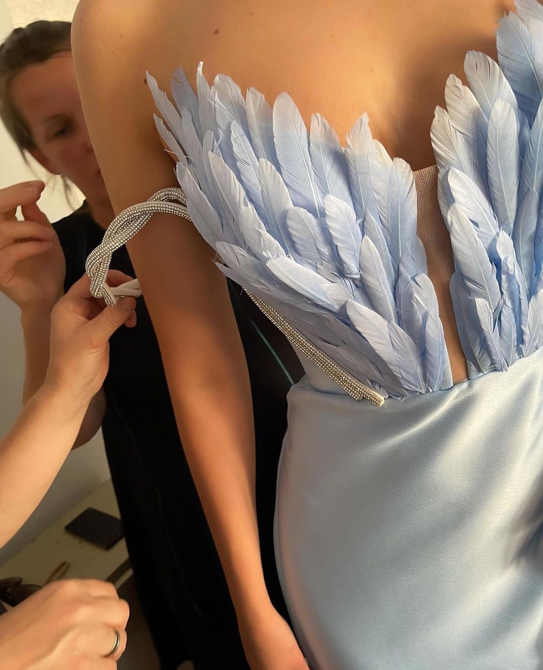 Feathered Elegance: Floor-Sweeping Dress Adorned with Delicate Plumes