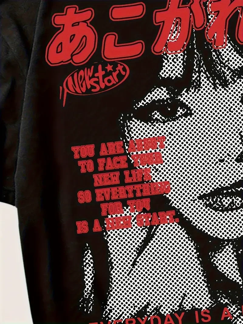Y2K Oversized Graphic T-Shirt  Japanese Letter & Figure Print Crew Neck Tee for Women | Casual Streetwear for Summer & Spring