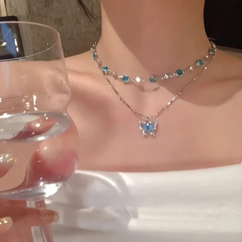 Double-Layer Blue Butterfly Necklace Set | 2pcs Geometric & Pendant Collarbone Chains for Women | Y2K Soft Girl Aesthetic Jewelry