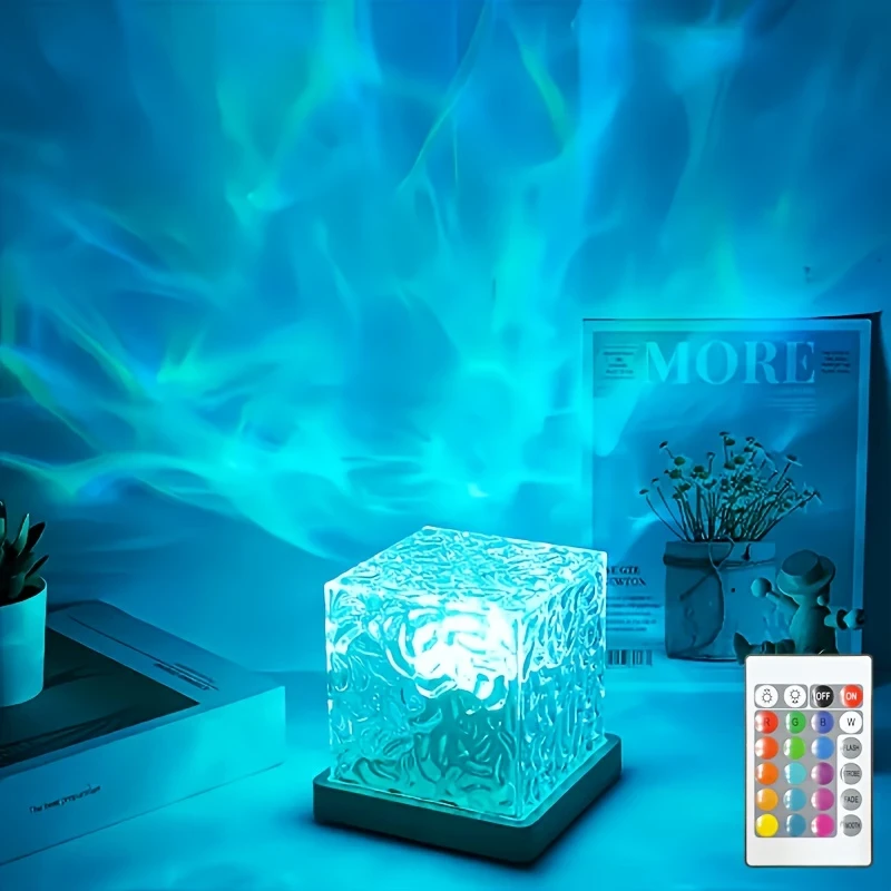 16-Color Water Ripple LED Night Light | USB-Powered Flame & Star Projection Lamp with Remote & Touch Control