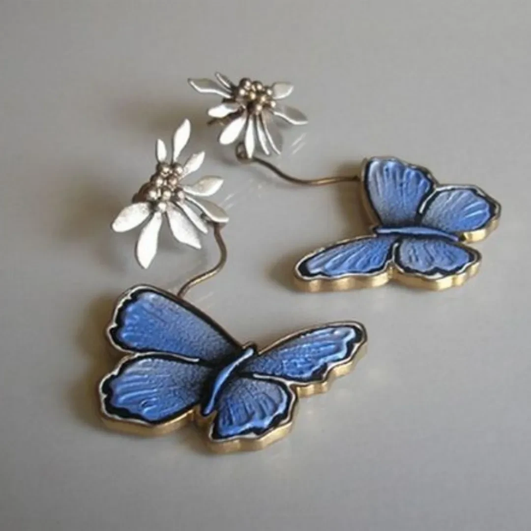 Epoxy Butterfly And Flower European And American Popular Retro Imitation Thai Silver Earrings