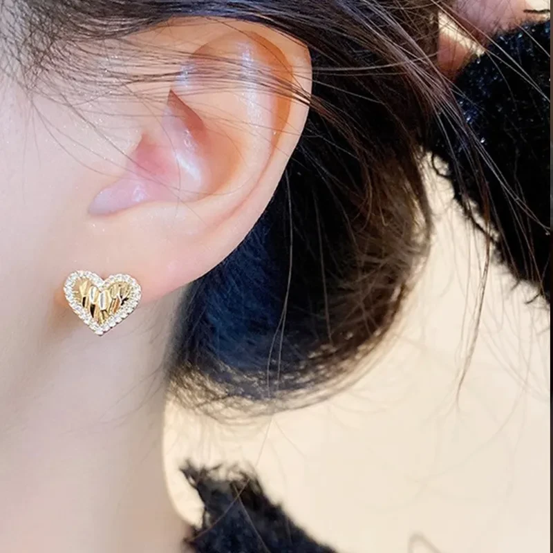 Fashion Pleated Heart-shaped Zircon Silver Pin Earrings Geometric Advanced