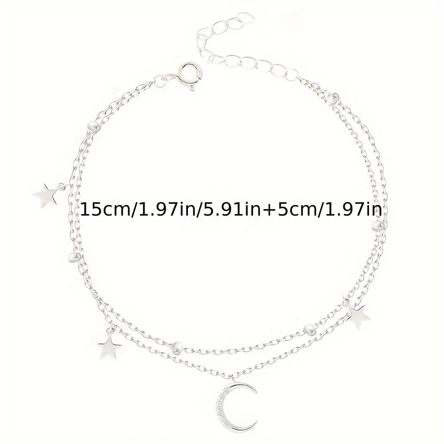 Elegant Double-Layer Star and Moon Bracelet | 925 Silver-Plated, Hypoallergenic, with Cubic Zirconia & Platinum Plating