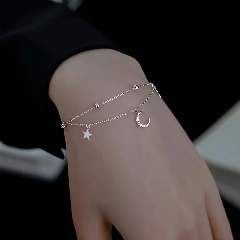 Elegant Double-Layer Star and Moon Bracelet | 925 Silver-Plated, Hypoallergenic, with Cubic Zirconia & Platinum Plating