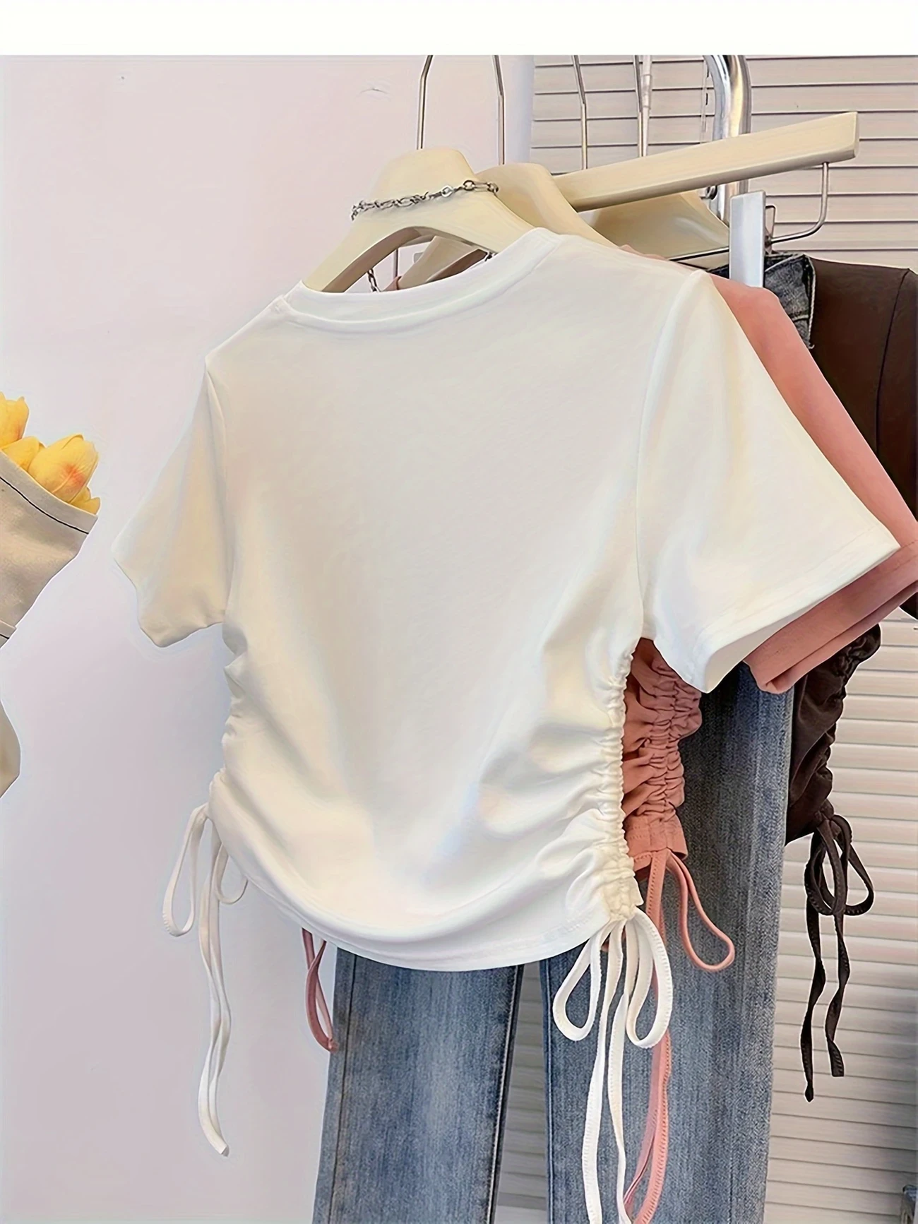 Heart Print Drawstring Side T-shirt | Chic Short Sleeve Slim Crop Top for Summer Women's Clothing