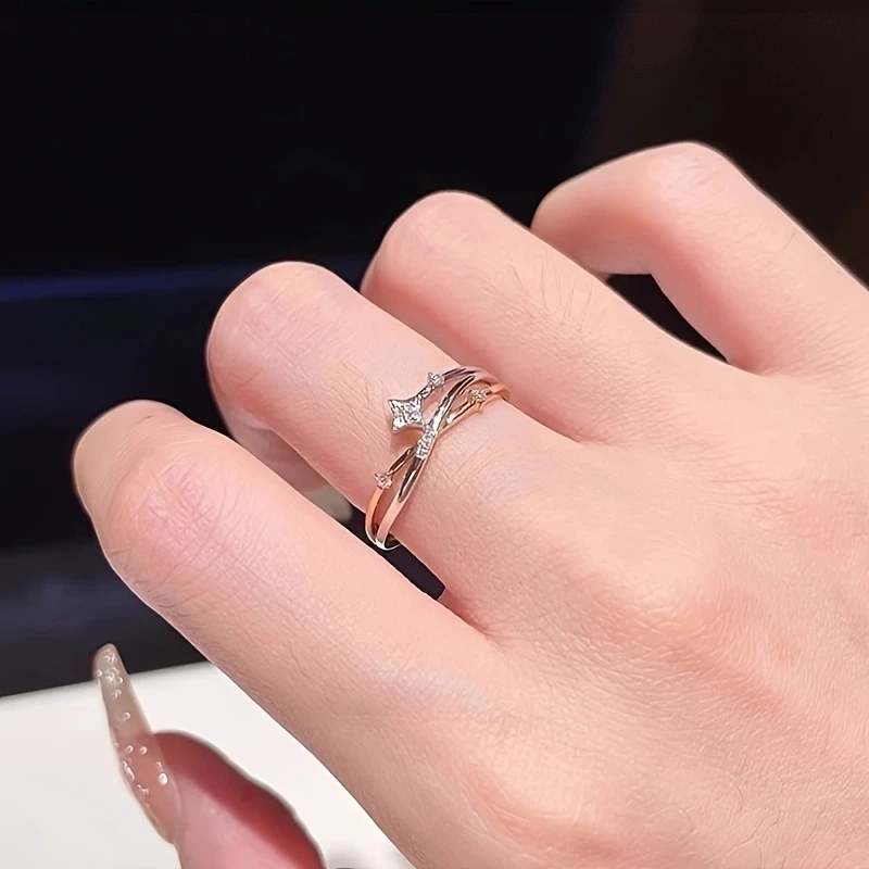 Shining Star Ring for Women | Adjustable Open Four-Pointed Star Ring with Sparkling Cubic Zirconia, Perfect for Daily Wear in Autumn & Winter