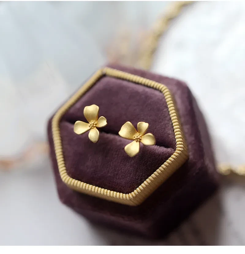 S999 Sterling Silver Gold Flower Stud Earrings
