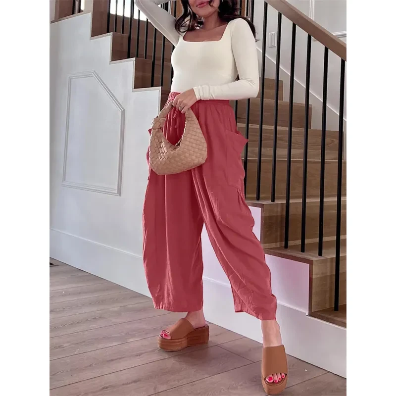 Fashion Wide Leg Pants Summer Loose Elastic High Waist Pleated Trousers