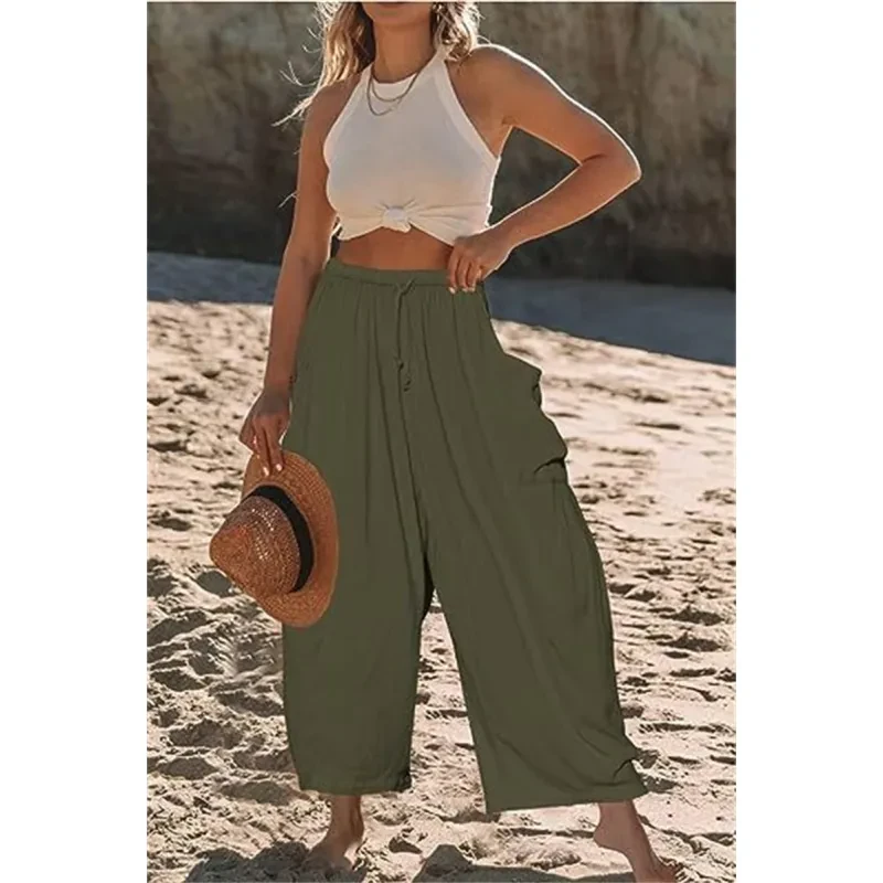 Fashion Wide Leg Pants Summer Loose Elastic High Waist Pleated Trousers