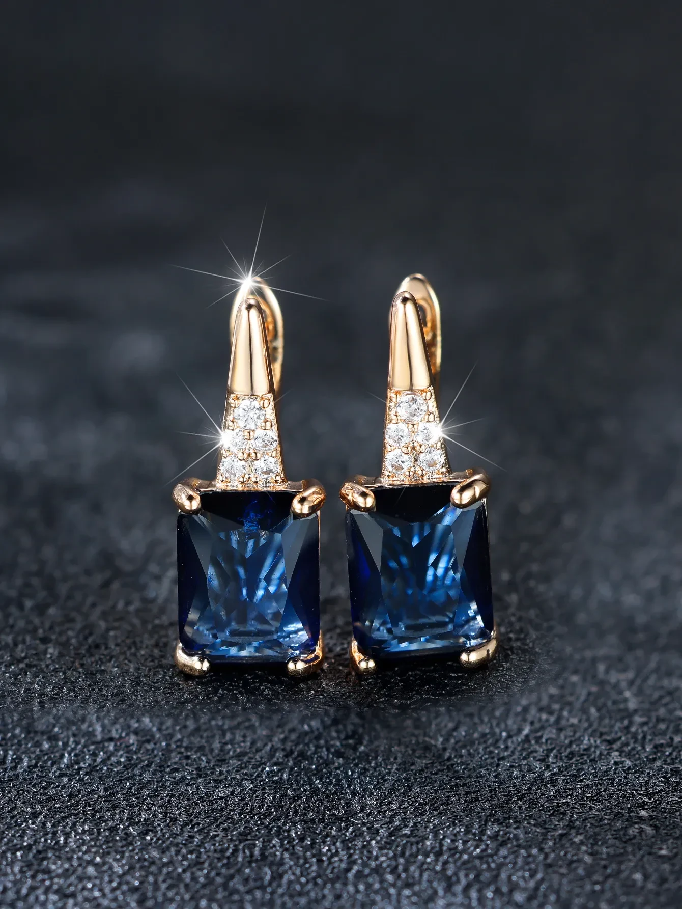 Champagne Gold Rectangular Chamfered Sapphire Blue Earrings For Women