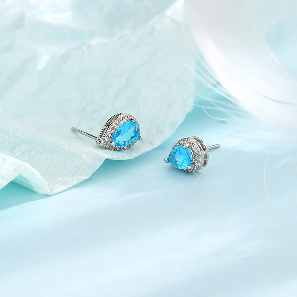 Super Flash Blue Water Drop Ear Studs French Elegance