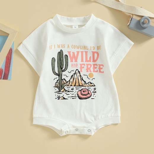 Girls' Fashion Cactus Print Round Neck Jumpsuit