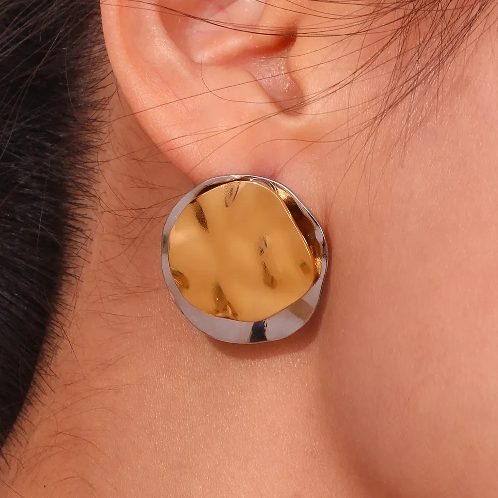 Stainless Steel Plated 18K Irregular Double Layer Color Matching Round Piece Ear Studs Female