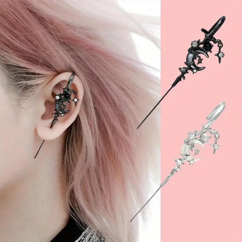 Gothic Vintage Star and Crescent Moon Rhinestone Dangle Earrings