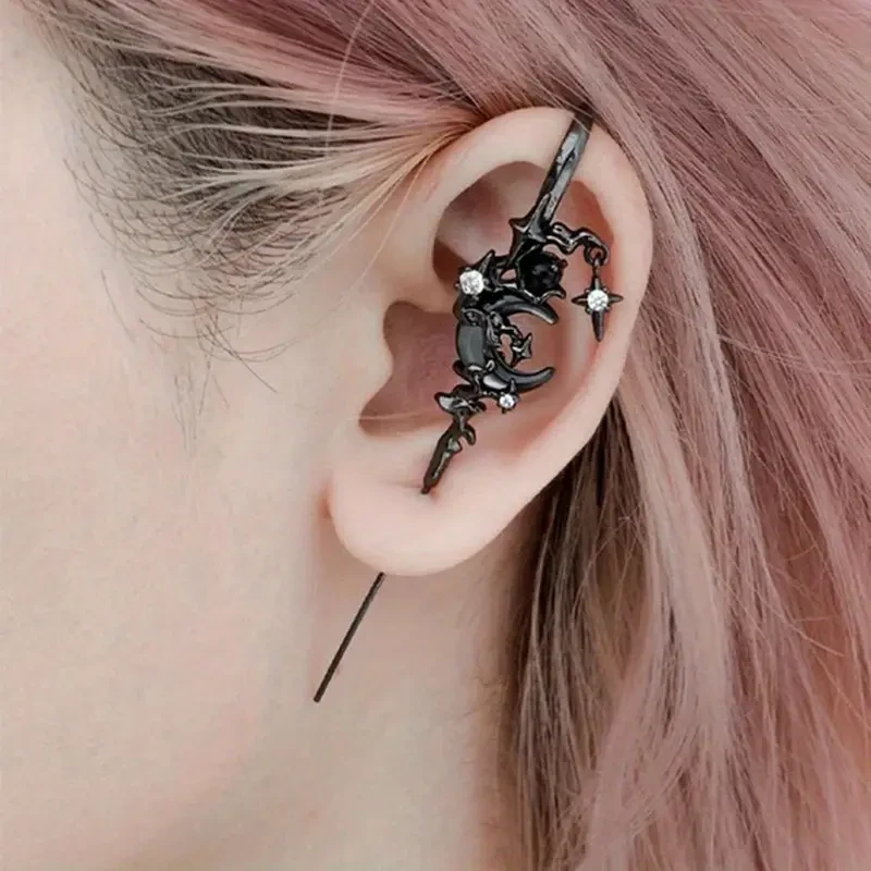 Gothic Vintage Star and Crescent Moon Rhinestone Dangle Earrings