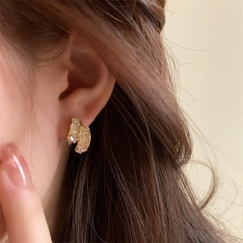 Sterling Silver Needle Glass Crystal Handmade C- Shaped Semi-curved Temperamental Minority Earrings