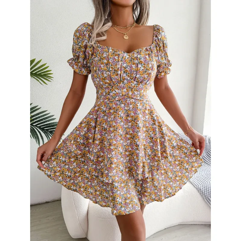 Women Mini Dress Temperament Big Swing Loose Hem Flower Print Shirring Dress Up Short Sleeves High Waist Summer Dress Clothes