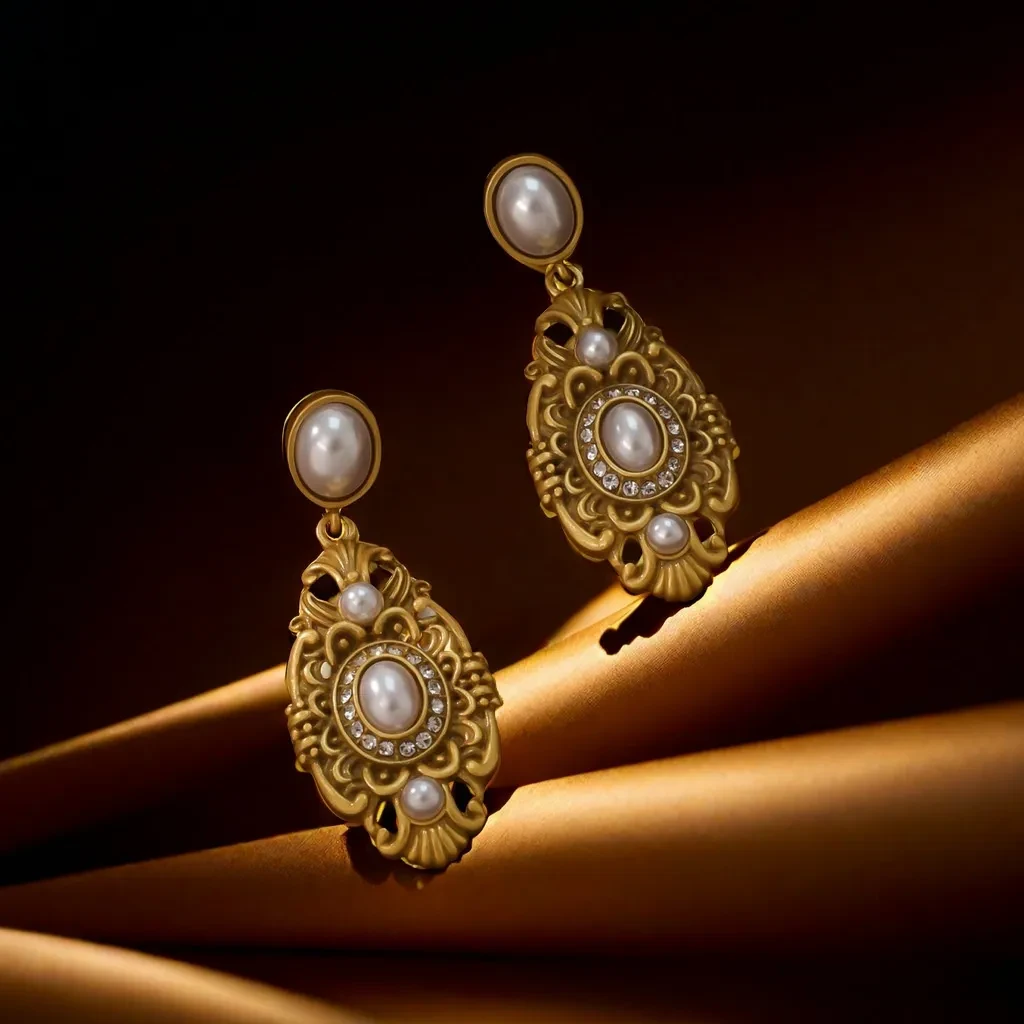 Retro Alloy Pearl Old Gold Silver Earrings