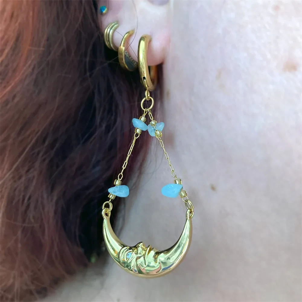 Moon Earrings Pendant Agate Stone Chain