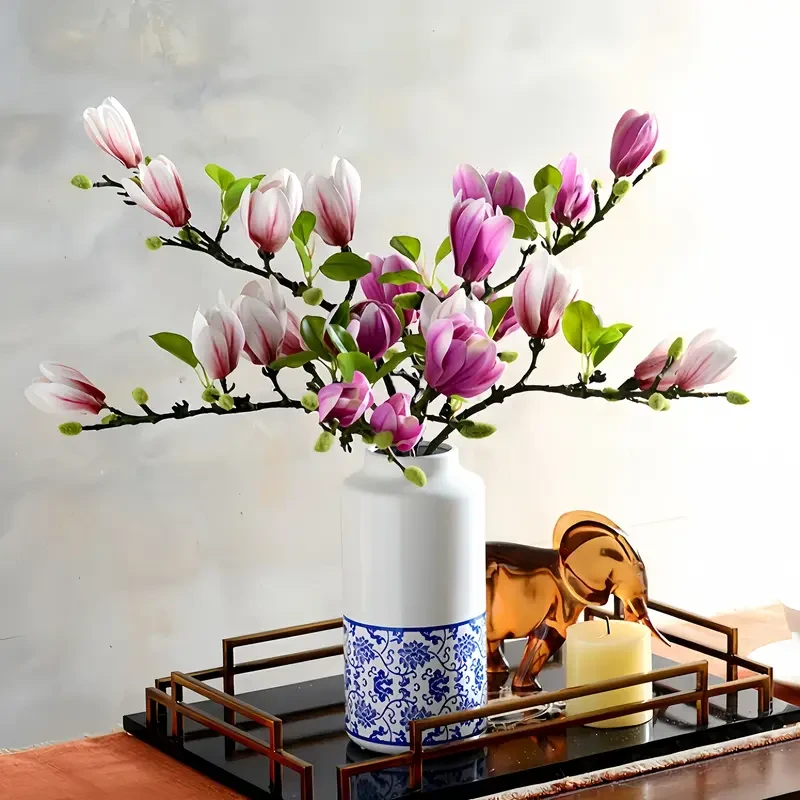 2pcs Luxury Artificial Magnolia Branches - Soft Touch, Realistic White & Pink Flowers with Green Leaves