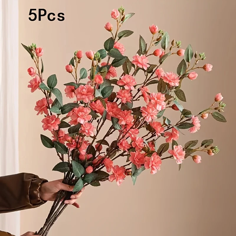 5pcs Silk Camellia Artificial Flowers, Faux Tea Blossom Branches for Wedding, Home Decor, and Seasonal Decorations
